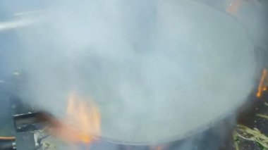 Yavaş çekimde yaklaşın Şef yemek pişirin kızarmış su mimozasını biberle karıştırın ve mutfak restoranındaki sıcak tavada, Tayland geleneksel yemeklerinde ateşleyin. .
