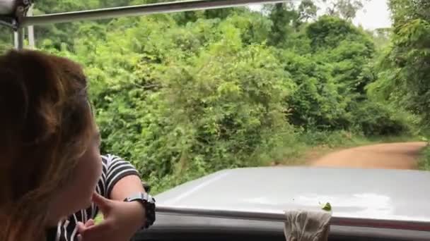 Turystka Podróżująca Pickupie Dżungli Tropikalny Las Deszczowy Tajlandia Okresie Letnim — Wideo stockowe