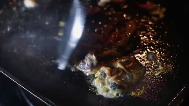 Extrême Plan Rapproché Cuisson Remuer Frit Nourriture Style Thaï Crêpe — Video