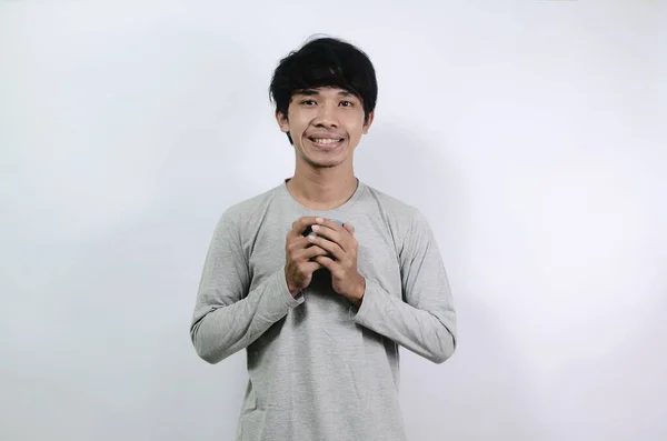 Young Asian Man Wearing Gray Shirt Carrying Cup Smile — Stock Photo, Image