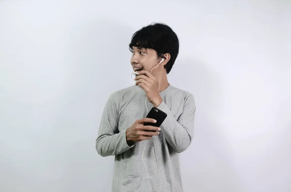 Asiatique Homme Fait Des Appels Vidéo Sur Smartphone Asiatiques Hommes — Photo