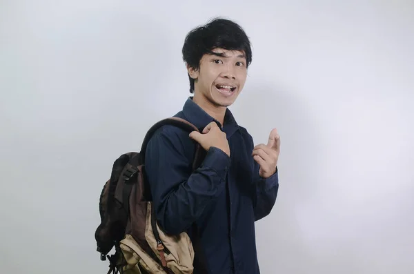 Young Man Cheerful Expression Young Asian Men Wearing Blue Shirts — Stock Photo, Image