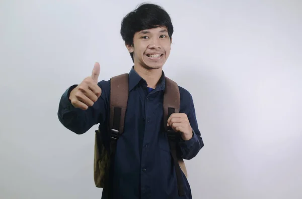 Young Man Cheerful Expression Young Asian Men Wearing Blue Shirts — Stock Photo, Image