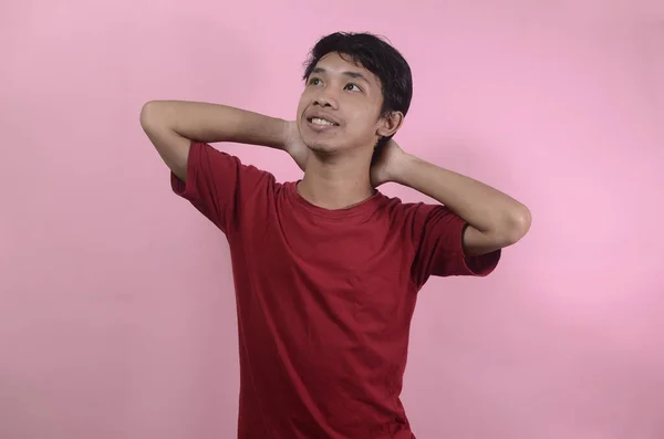 Men Thinking Ideas While Looking Asian Men Wearing Red Shirts — Stock Photo, Image