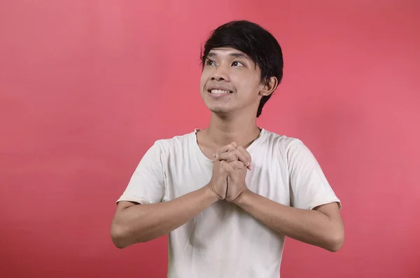 Portrait Young Asian Man Thinking Something Smiling Happily Having Good — Stock Photo, Image