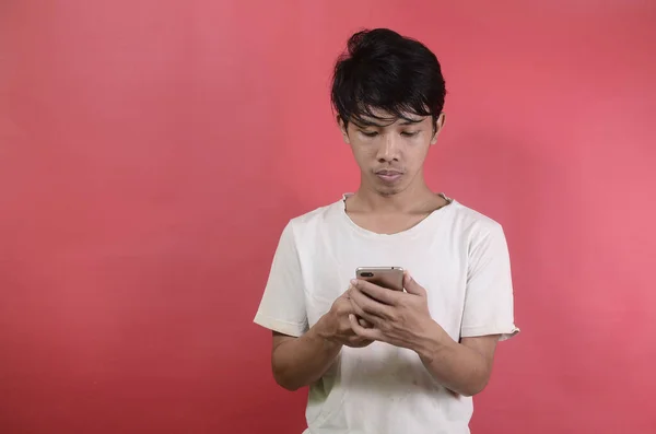 Portrait Young Man Using Mobile Phone Asian Men Wearing White — Stock Photo, Image