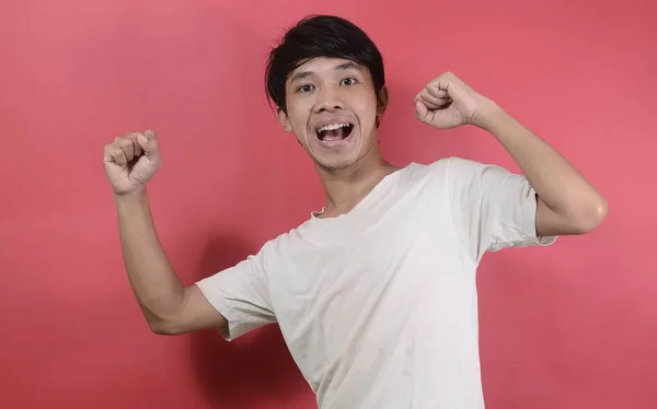 Young Man Looks Happy Asian Men Wearing White Shirts Isolated — Stock Photo, Image