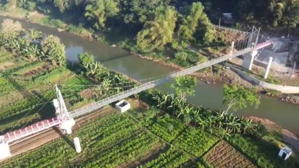 Pemandangan Udara Jembatan Suspensi Pengkol Imogiri Bantul Jembatan Seberang Sungai — Stok Video