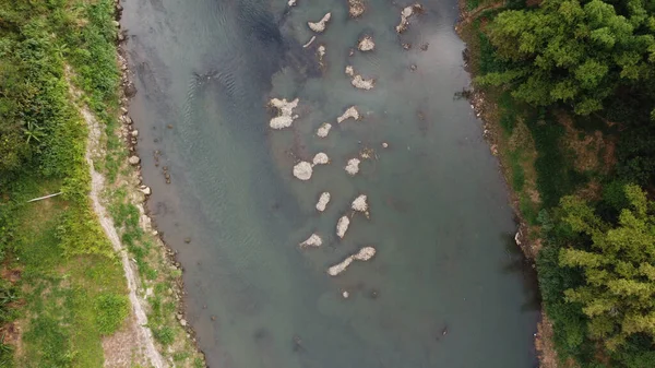 Vista Aérea Local Tradicional Mineração Areia Rio Opak Yogyakarta Indonésia — Fotografia de Stock