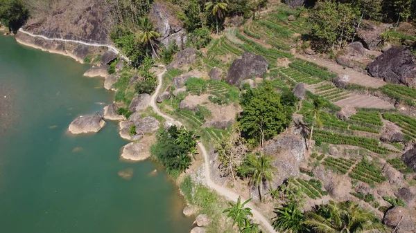 Vista Aérea Del Río Oyo Con Terrazas Arroz Colina — Foto de Stock