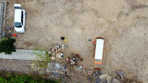 top view of camping by car on hills