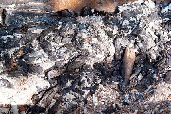 Ash, firewood, and charcoal are cooled after burning. The fire was out and cold. Background of coals and ash texture. Close - up of the ashes. Industrial coals