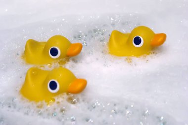Banyoda köpüklü sarı ördek yavruları