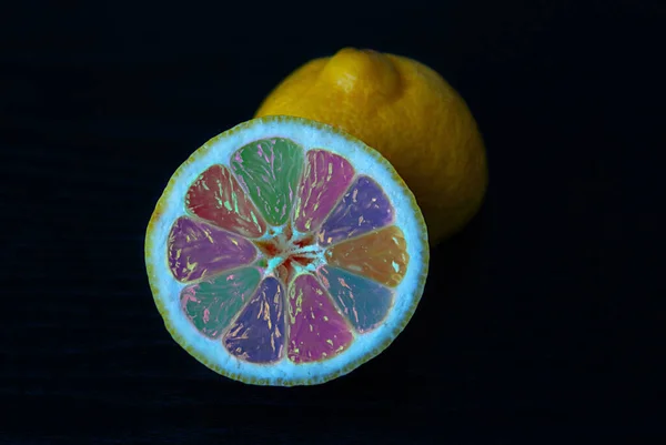 Multi Colored Lemon Cut Half Close Black Background — Stock Photo, Image