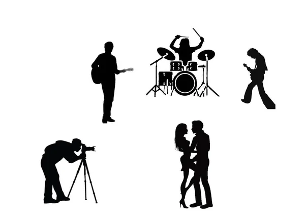 Illusztráció Sziluettek Zenészek Két Ember Táncol Egy Fotós Fehér Alapon — Stock Fotó