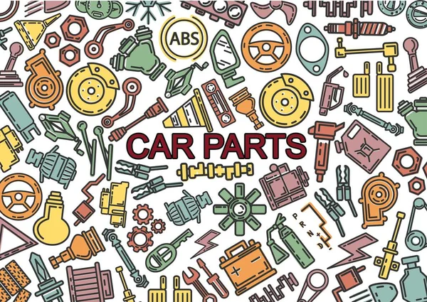 Otomobil parçaları. Araba servisi ve lastik tamiri için çizimler. Arabanın tamiri ve bakımı. Stok vektörü.