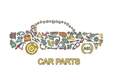Otomobil parçaları. Araba servisi ve lastik tamiri için çizim. Arabanın onarımı ve bakımı. Stok vektörü.