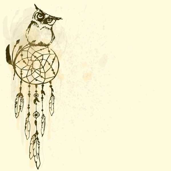 Dreamcatcher Avec Une Chouette Sur Fond Beige Dessin Oiseau Aquarelle — Image vectorielle