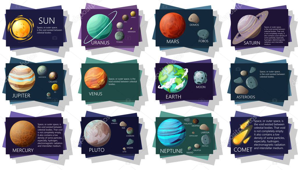 Planets and satellites. Solar system. Vector design. Stock illustration.