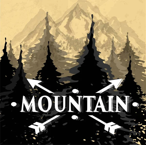 Vektör çizimi. Dağlar ve orman. Firavun ve çam. Eski çizim, eskiz. Resim yükle.