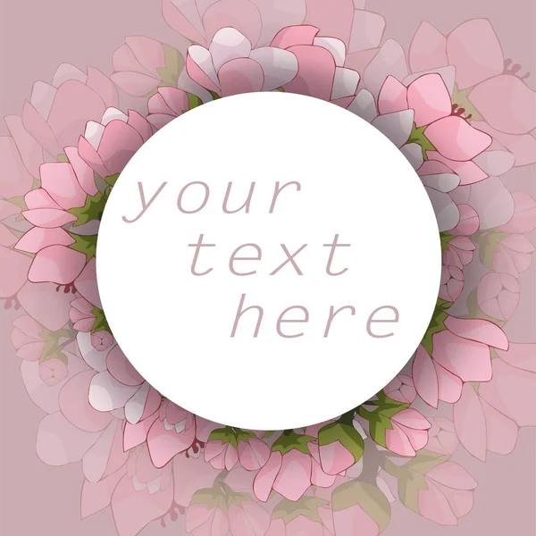 Beyaz bir kağıt çemberin içinde, etrafı vişne, elma ve kiraz çiçekleriyle çevrili. Şeffaf, narin çiçekler. Vektör logosu, afiş, yazılı poster. Stok illüstrasyonu.