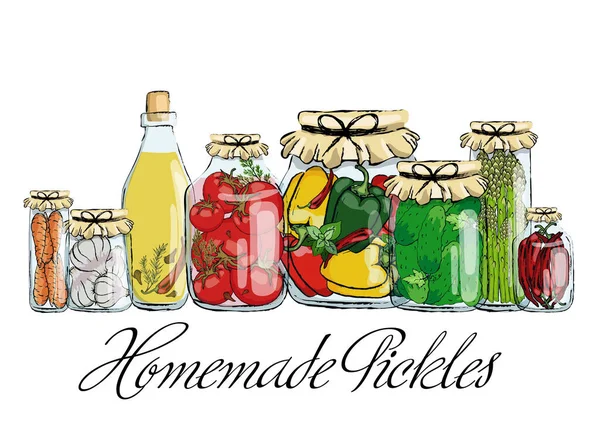 Ev yapımı hazırlıklar, turşular ve koruma. Sebze ve bitkilerle dolu cam kavanozlar..