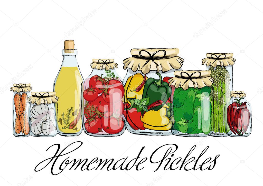 Home-made preparations, pickles and preservation. Glass jars with vegetables and herbs.Stock vector.