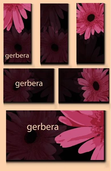 Set Sjablonen Banners Visitekaartjes Posters Roze Bloemen Gerbera Een Donkere — Stockvector