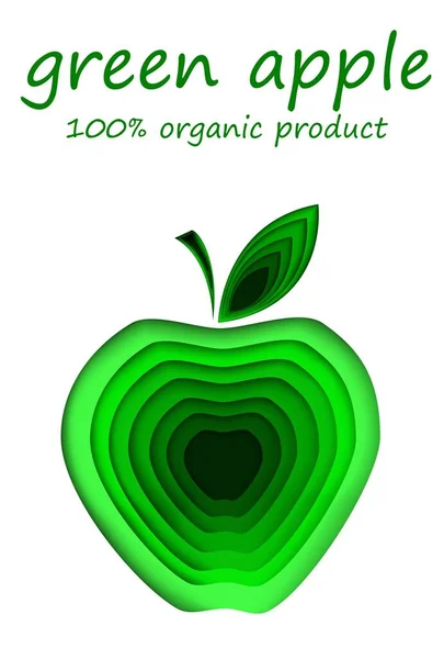 Kağıt tasarımı. Beyaz arka planda üç boyutlu yeşil elma. Sağlıklı gıda, doğal ürün. Mesaj at. Stok vektörü.