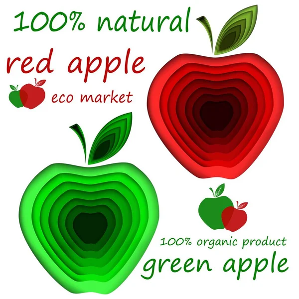 Kağıt tasarımı. 3 boyutlu kesim yeşil ve kırmızı elma. Sağlıklı beslenme. Mesaj at. Stok vektörü.