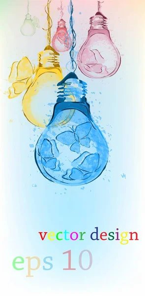 Elektrik lambaları ve kelebekler. Stok çizimi. Vektör tasarımı. Kablolardaki böcekler. Suluboya.