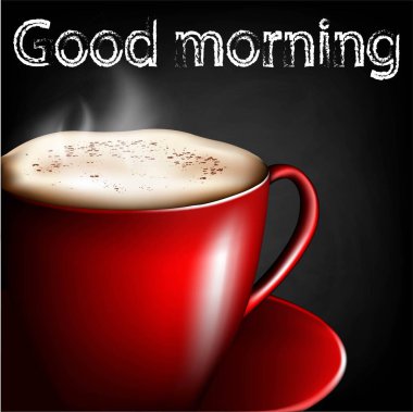 Siyah arka planda kırmızı bardakta kapuçino. İyi sabahlar. Ferahlatıcı bir içki. Sütlü kahve..