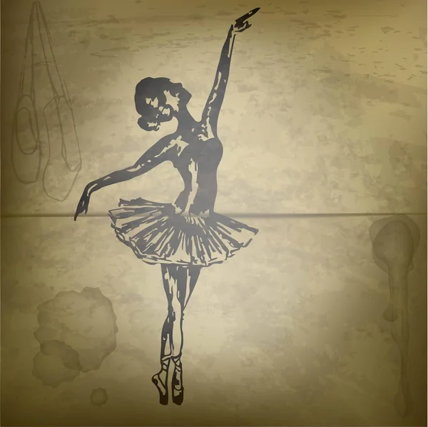 Eski kağıda balerin mürekkebi çiziyorum. Retro vektör. Stok çizimi. Bale logosu. Siluet, skeç dansçısı..