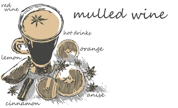 Bardakta sıcak şarap. Kırmızı ve beyaz şarap. Baharatlar ve baharatlar. Suluboya çizim. Stok vektörü.