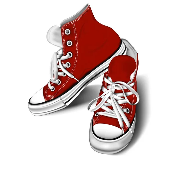 Beyaz arka planda kırmızı spor ayakkabılar. Gençlik ayakkabıları. Şık, paçavra ayakkabılar. Beyaz arka plan. Stok vektörü.