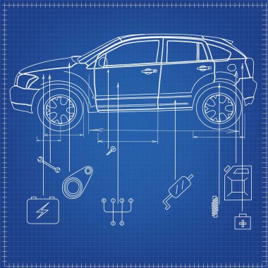 Arabanın çizimi. Motor, şanzıman ve şasi parçaları. Makinelerin tamiri. Benzin istasyonunda bakım ve teftiş. Stok vektörü.