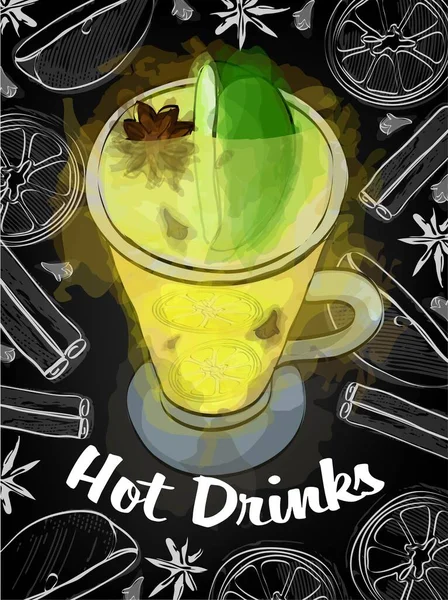 Bardakta sıcak şarap. Beyaz şarap. Baharatlar ve baharatlar. Stok vektörü.