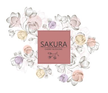 Kapak, dizayn için şablon. Beyaz arka planda retro kiraz çiçeği olan bir vektör. Kabartma biçiminde resimleme.