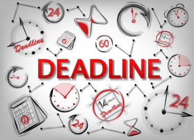 Saatler, tarihler, tarihler ve tarihler için simgeler ve simgeler. Son teslim tarihi, gri arka planda kırmızı metin. Zamansız Stok vektörü kavramı.