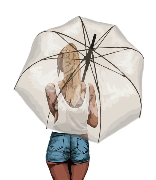 Une Jeune Fille Élancée Bronzée Dans Shirt Blanc Short Jean — Image vectorielle