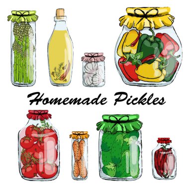 Ev yapımı hazırlıklar, turşular ve koruma. Sebze ve bitkilerle dolu cam kavanozlar..