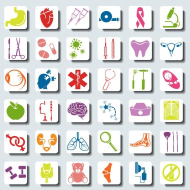 Hastane ve sitelerin tasarımı için tıbbi tasarım. Tedavi eden doktorların listesi, uzmanlık alanları. Tıbbi ikonlar. Stok vektörü.