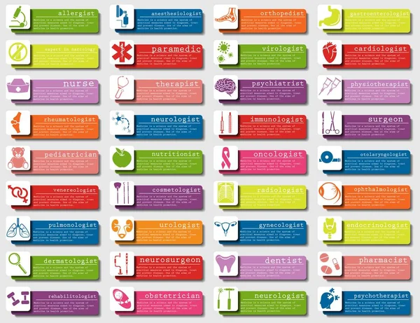 Hastane ve sitelerin tasarımı için tıbbi tasarım. Tedavi eden doktorların listesi, uzmanlık alanları. Tıbbi ikonlar. Stok vektörü.
