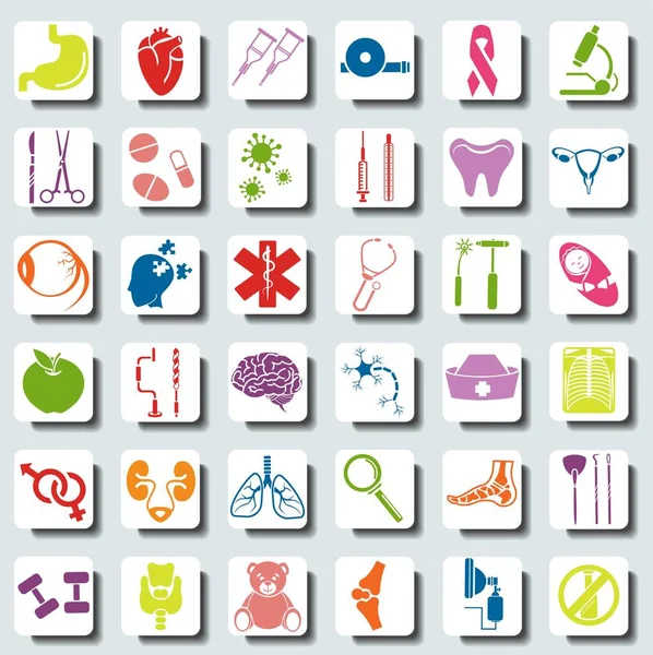 Hastane ve sitelerin tasarımı için tıbbi tasarım. Tedavi eden doktorların listesi, uzmanlık alanları. Tıbbi ikonlar. Stok vektörü.
