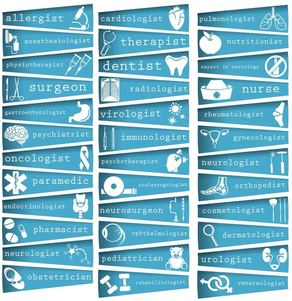Hastane ve sitelerin tasarımı için tıbbi tasarım. Tedavi eden doktorların listesi, uzmanlık alanları. Tıbbi ikonlar. Stok vektörü.