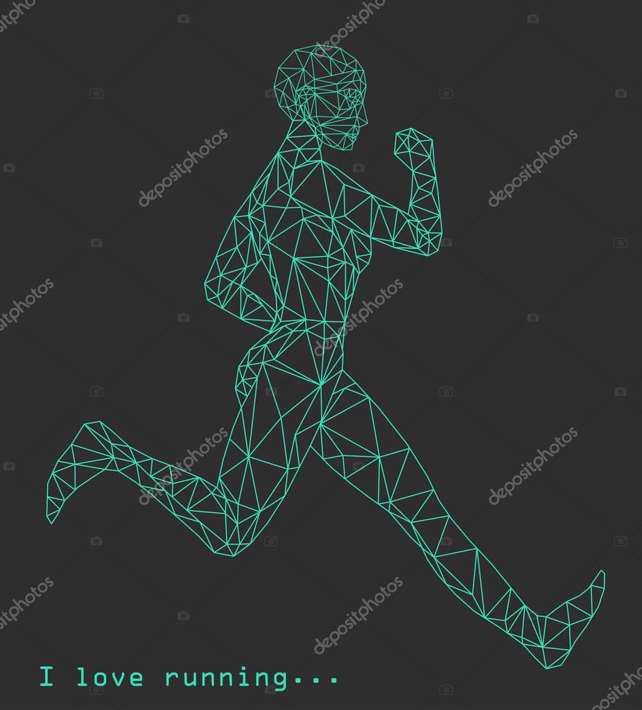 The silhouette of a running man on a dark, gray background. A human figure made of linesand triangles. Stock vector.