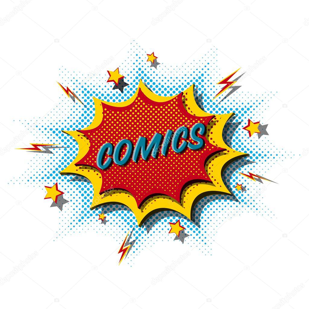 A comic book-style explosion on a white background. Cartoon explosion with lightning and stars. Stock vector.