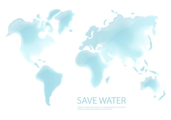 Su, dünya haritası şeklinde beyaz bir zemin üzerine döküldü. Gerçekçi illüstrasyon. Üç boyutlu sıvı damlalar hafif bir yüzey. Stok vektörü.
