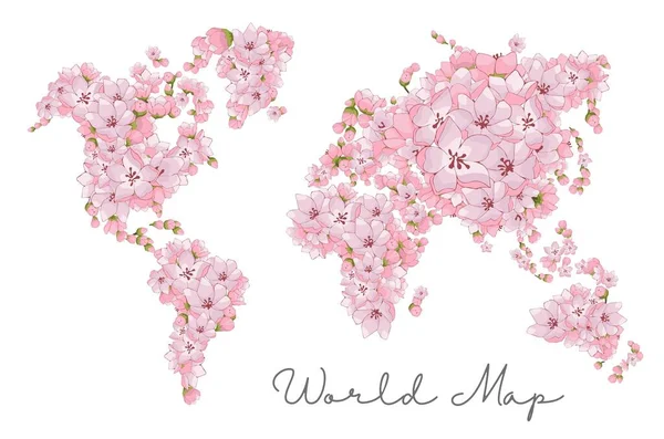 桜の世界の地図 白い背景に世界の概要 国や大陸 株式ベクトル — ストックベクタ