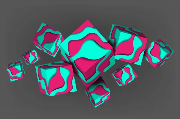 Üç boyutlu bir küp seti. Üç boyutlu küplerden oluşan soyut bir kompozisyon. Dekorasyon için tasarım. Tak vektörü.